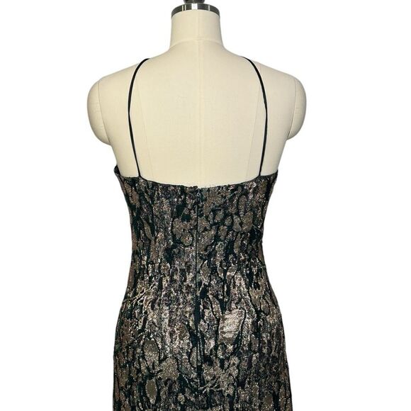 Theia Navy Rose Gold Floral Metallic Halter Sheath Cocktail Dress | 6 - Picture 11 of 13